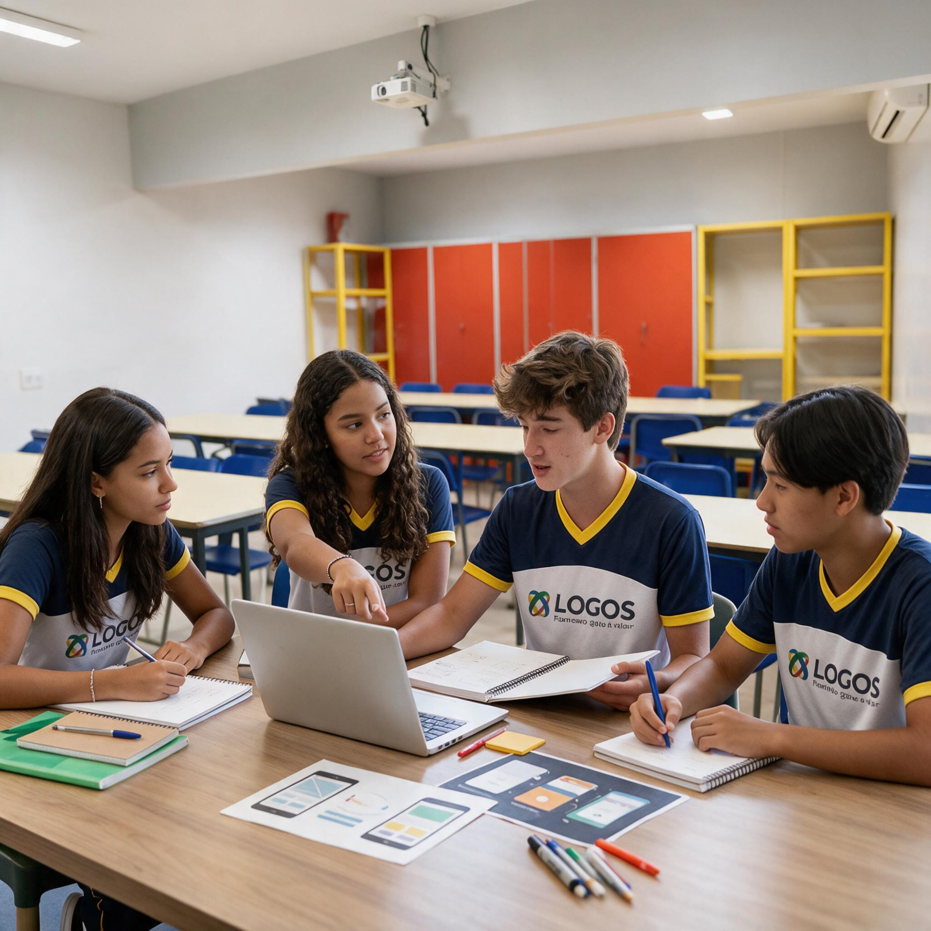 Alunos do Ensino Médio do Centro Educacional Logos colaborando em sala de aula