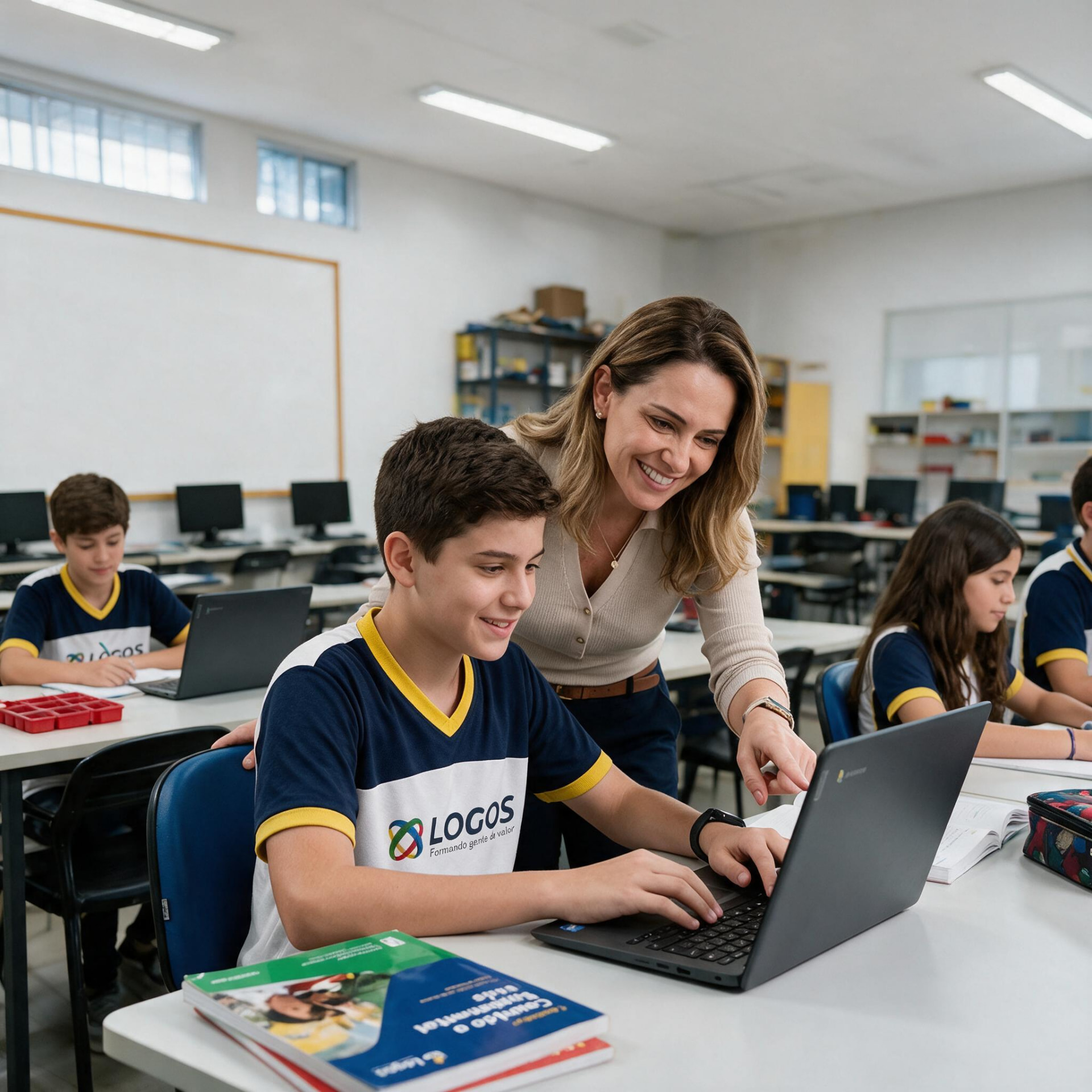 Professora do Centro Educacional Logos acompanhando aluno no laboratório de informática